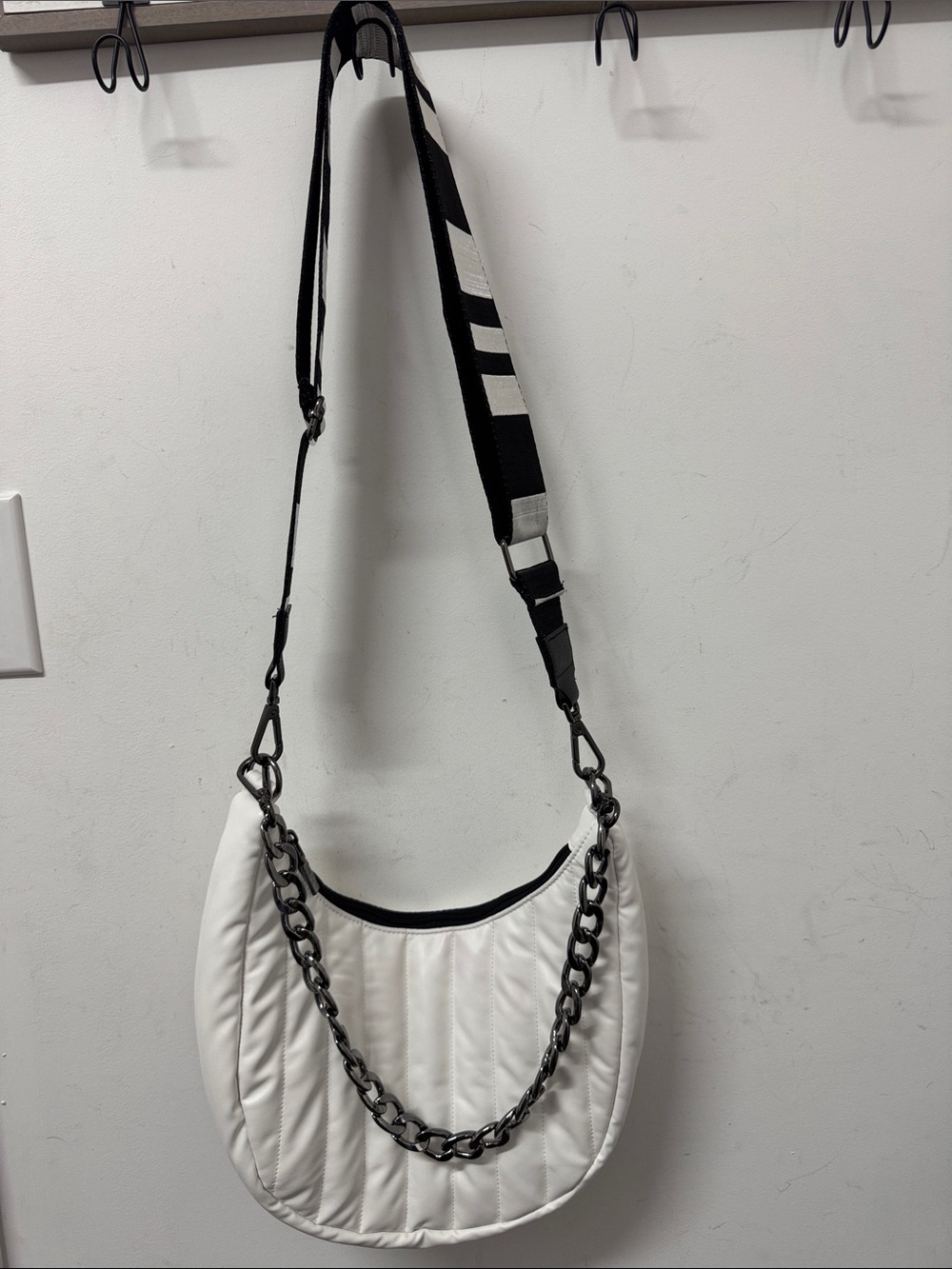 THINK ROYLN White Quilted Crescent Shoulder Bag with Black Chain and Strap